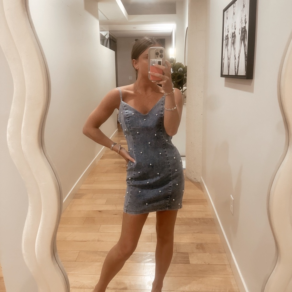 Denim mini dress with pearls